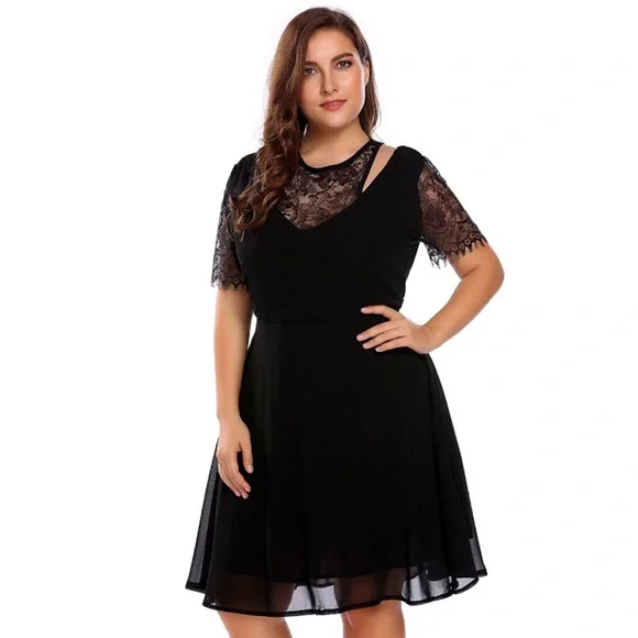 Sheer Lace Halter Yoke and Sleeves Chiffon Dress - Picture 1 of 4